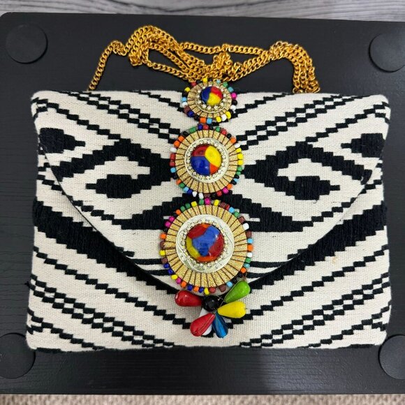 Tribal Patterned Clutch Purse With Colorful Beaded Embellishment & Gold Chain St - Picture 1 of 6